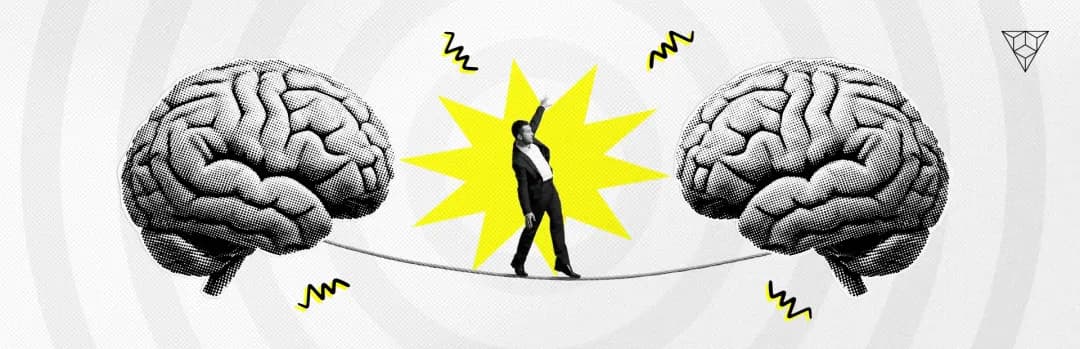Homem de terno equilibrando-se em uma corda bamba que liga dois grandes cérebros ilustrados em estilo halftone, com uma explosão amarela ao fundo.